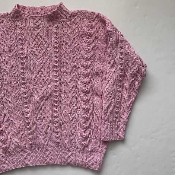 Vintage Express Hand Knitted Sweater Pom Pom Knit Mock Neck Pink Women’s Size M - Picture 4 of 12
